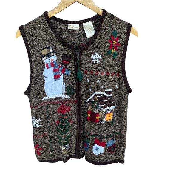 Bobbie Brooks Sweater Vest Women Small Full Zip Christmas Embroidered Mittens - Picture 1 of 13